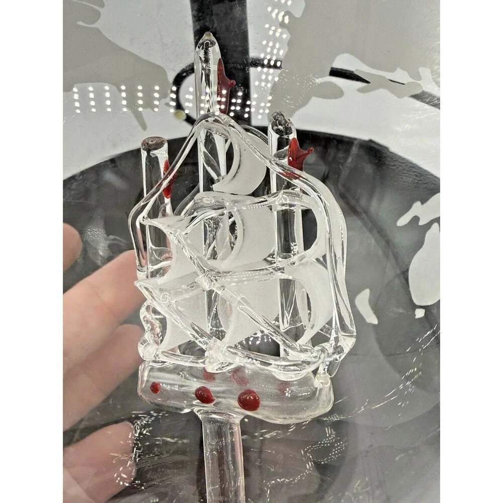Whiskey Liquor/Wine Decanter Globe World Set Spun Glass Ship 4 Glasses/Tray